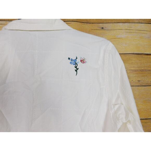 Vintage Cascade Blues Shirt Large White Embroidered Flowers Butterflies - Picture 6 of 9